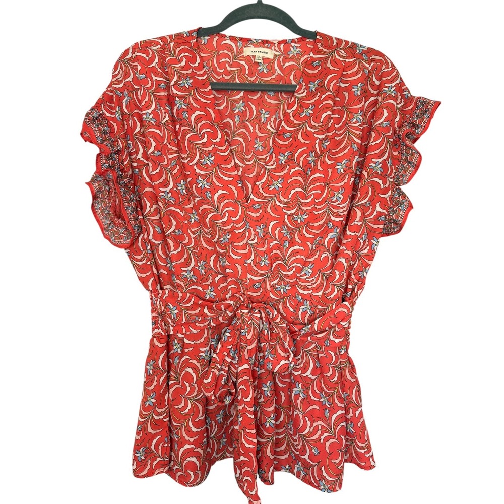 Max Studio Red Floral Print Tie Front Flutter Sleeve Peplum Top Women's Size XL